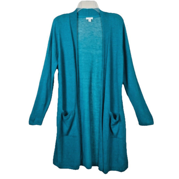 J. Jill Sweaters - J. Jill Aqua Blue Open Knit linen Face Long Cardigan Sweater Pockets XL A003265